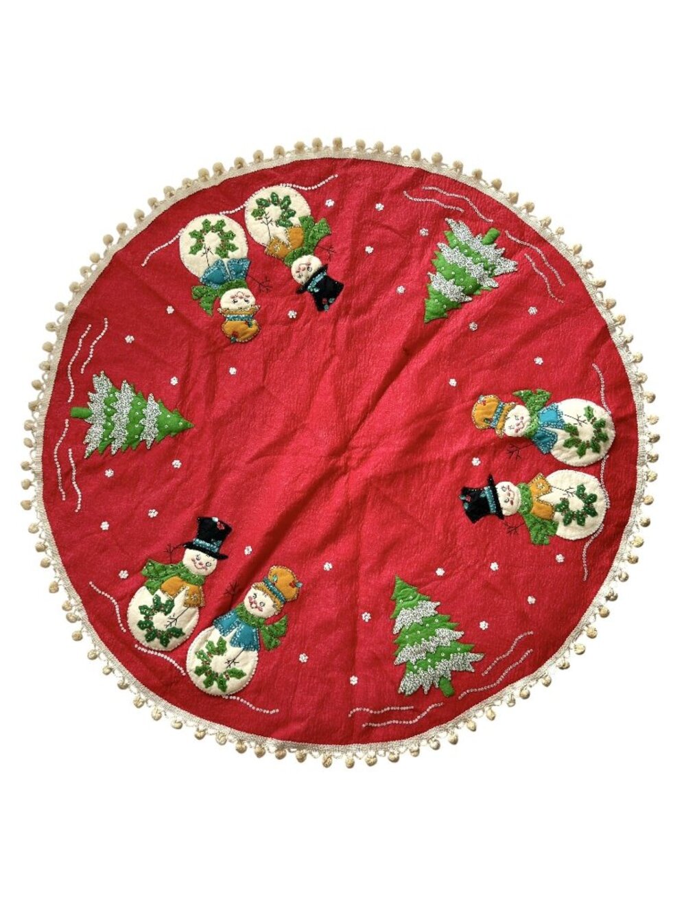 Bucilla Snowman FROSTY FRIENDS Christmas Tree Skirt Tablecloth 43” Sequin Beads